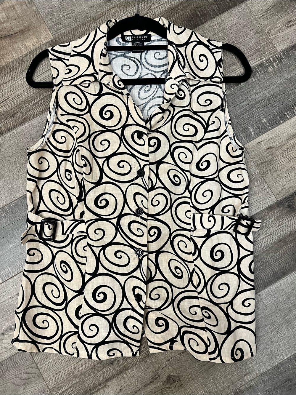 Carole Little Tan & Black Swirl Sleeveless Button-Front Vest Sz M EUC